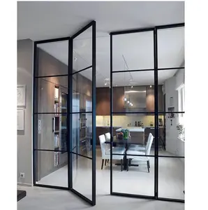 Tamanho personalizado ferro vidro fixo janelas divisória interior sala com grill design aço frame dupla porta francesa