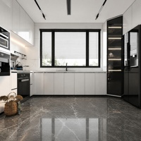 Meuble de cuisine Joysource blanc laqué brillant en mélaminé en forme de L avec vitrine en verre noir et appareils encastrés, sur mesure pour appartement