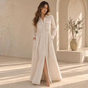 Robe chemise bohème en coton respirant beige à boutons, manches longues, décontractée, avec poches, longueur maxi, fournisseur Alibaba de premier plan, vente en gros - Product Image 1