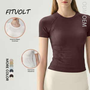 FITVOLT <span class=keywords><strong>Camiseta</strong></span> Deportiva de Manga Corta para Mujer, de Secado Rápido, Transpirable, Elástica en Cuatro Direcciones, Ajustada, con Cuello Redondo, para Yoga - Product Image 1