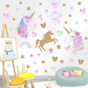 Autocollant <span class=keywords><strong>mural</strong></span> pour chambre d'enfant, motif <span class=keywords><strong>licorne</strong></span> de dessin animé, papier peint 3D, décoration intérieure - Product Image 1