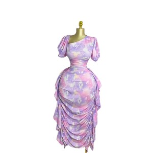 Nouvelles robes élégantes pour femmes à manches bouffantes, col asymétrique, imprimées, à volants, ajustées, tendance - Product Image 5
