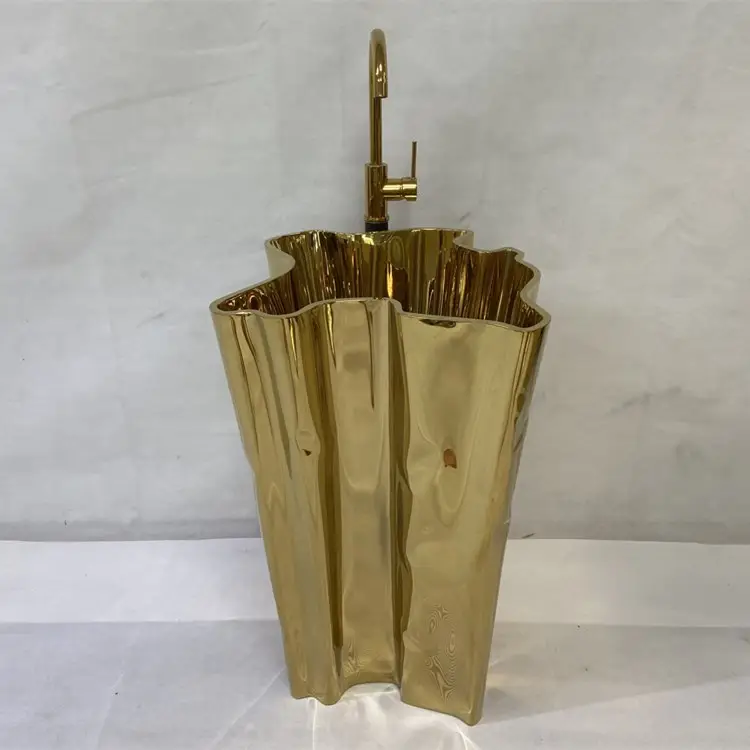 Europese Koninklijke Decor Art Badkamer Hand Wassen Pedest Luxe Vrijstaande Gold Vessel Sink Rvs