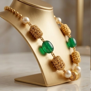 925 Silver Antique Green Stone and Pearl Mala Necklace Traditional Ethnic Long <b>Chain</b> Jewelry for Women Wear - Product Image 4
