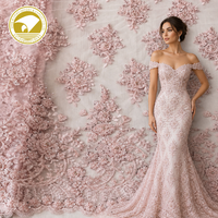 Tissu de dentelle rose de luxe, broderie lourde, paillettes, tulle brodé, 100% polyester, pour robes de mariée, accessoires