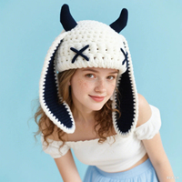 Bonnet tricoté mignon et amusant en forme de petit diable à longues oreilles, protection auditive chaude pour l'automne et l'hiver, fait main, avec cornes de vache