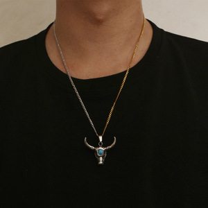 <b>Titanium</b> Steel Yak Head Pendant With Turquoise Inlay Bull Horn Charm For Men SP903 - Product Image 4