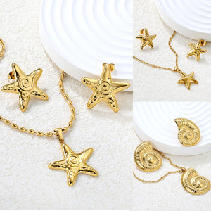 Parure de bijoux en acier inoxydable Étoile de mer pour femme, thème océan, collier et boucles d'oreilles, design vie marine, couleur or, idéale pour les soirées - Product Image 2