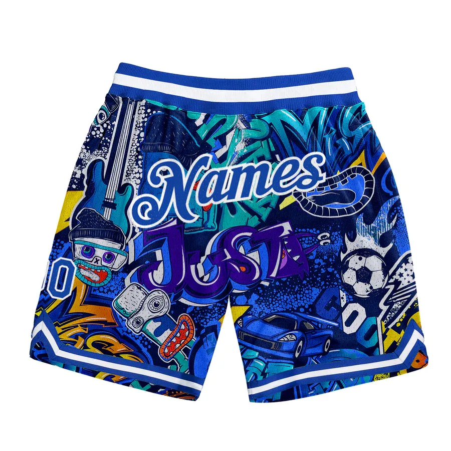 Volldruck-Graffiti-Muster königlich-weiß 3D Authentische Basketballshorts OEM-Lieferanten Fitnessstudio Sport Laufshorts Freizeithosen