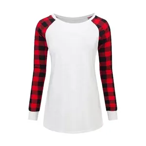 Wholesale Hot Sale Plus 5XL Buffalo Plaid Long Sleeve T Shirts Top O-Neck Solid Color Body Raglan Tunic For Women Sublimation