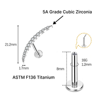 Perhiasan tindik JiaXin ASTM F136 Titanium Grade Implant, tanpa ulir, flat back, labret stud, untuk bibir, helix, conch, dengan inlay zircon berbentuk hati, ukuran 16G