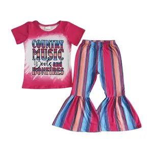 GSPO0008 ensembles de tenues pour filles nouveau-nés Bottes de musique country et feux de joie rose blanchi pantalon à fond de cloche rayé à manches courtes