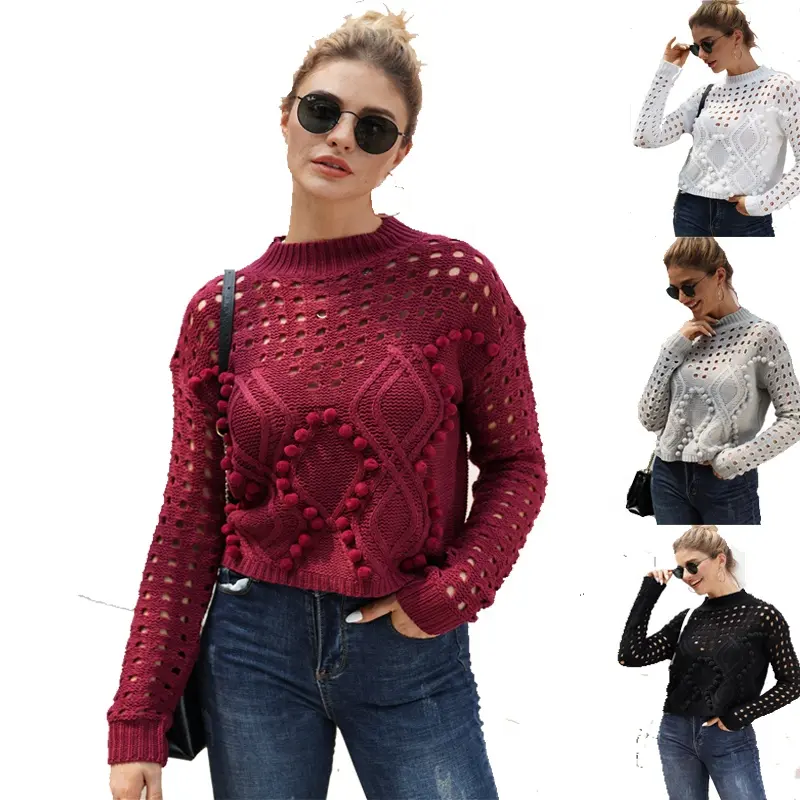 Trui Groothandel New Arrivals Elegante Unieke Hollow Out Truien Jumpers Vrouwen Gebreide Popcorn Trui Voor Dames