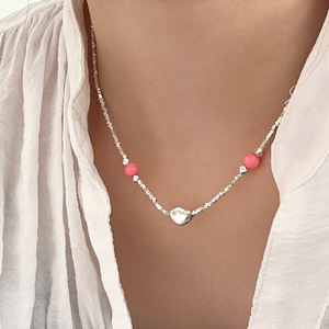 สร้อยคอเงินแท้รุ่ยไท่ S925 ประดับลูกปัดสีชมพูและจี้รูปหัวใจ สร้อยคอประดับลูกปัดสำหรับผู้หญิงสวมใส่ได้ทุกวัน - Product Image 1