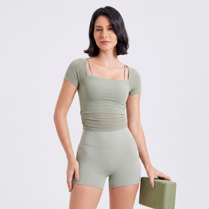 Women 2 In 1 Ruched Mesh Yoga Crop Top Square Neck Built In Bra Short Sleeve Sheer Workout Tee Gym Pilates Athletic T Shirt - Product Image 1