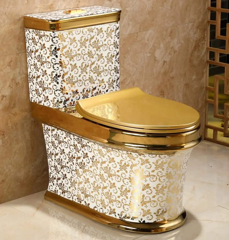 Keramik Pola Emas Mewah Modern Toilet Kamar Mandi Flush Satu Bagian Toilet Emas