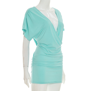 Viviblook C26DS098 Women Summer Dress New Sexy V-Neck Solid Color Short Sleeve <b>Mini</b> Bodycon Dress - Product Image 2