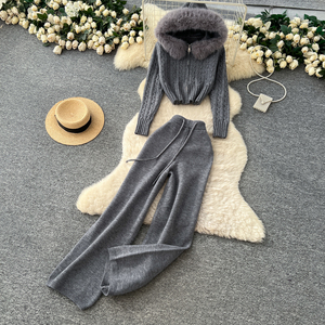 女式两件套运动服毛边裁剪连帽针织上衣和宽腿毛衣裤子套装两件套女士 - Product Image 5