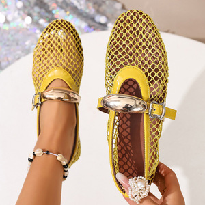 Women's Summer Flat Ballet Shoes with Fish Mesh Design <b>Slip</b>-On Closure Fashionable Buckle Soft Doll Feature Rubber Insole - Product Image 2