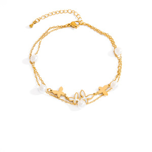Stainless Steel <b>Anklet</b> With Pearl Double Butterfly Pendant 18K <b>Gold</b> Plated Women's Foot Ornament - Product Image 5