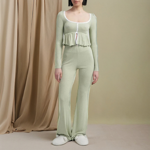 2 Piece Rib Lace Trim Women's Pajama Set Custom Logo Winter Cotton <strong>Crop</strong> Top Pants Women's <strong>Pyjamas</strong> with Large Neck Sexy and Soft - Product Image 1