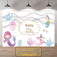 Toile de fond décorative pour fête d'anniversaire de filles sur le thème de la princesse sirène, poster personnalisable, fond mural, bannière personnalisable, panneau KT numérique
