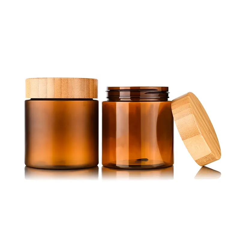 Empty body butter cream container 8oz 250g amber frosted cosmetic plastic jar with bamboo lid