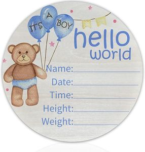 Panneau de naissance rond en bois de 15 cm « Hello World » avec girafe et éléphant jaunes pour chambre de bébé, hôpital et fête prénatale - Product Image 6