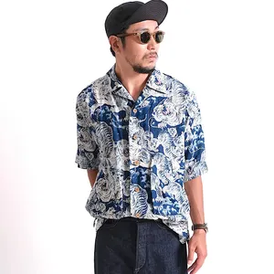Vente en gros T-shirt délavé indigo en lin imprimé tigre Vêtements vintage Japon