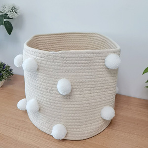 Paniers en corde de coton blanc pour rangement avec <span class=keywords><strong>pompon</strong></span> décoration salle de bains petits paniers tissés pour organiser <span class=keywords><strong>panier</strong></span> décoratif en tissu - Product Image 6
