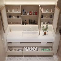 Meuble-lavabo de salle de bain style crème avec vasque intégrée en dalle de roche thermoformée, en bois massif laqué, double vasque pour salle de bain