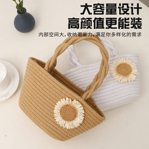 Handmade Woven Tote Bag Oval Shape With Floral Stitching Solid Color For Everyday Use Summer 2023 - Product Image 4