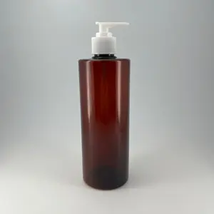 Récipient cosmétique PET ambré personnalisé de haute qualité de 500ml bouteille de shampooing en plastique ronde à épaulement plat avec pompe à lotion 28/410 24/410