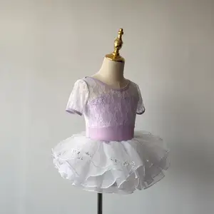 2024 New Arrivals Good Quality Popular White Lace Floral Designs Dance Wear Purple Ballet Tutu Dress For Girls