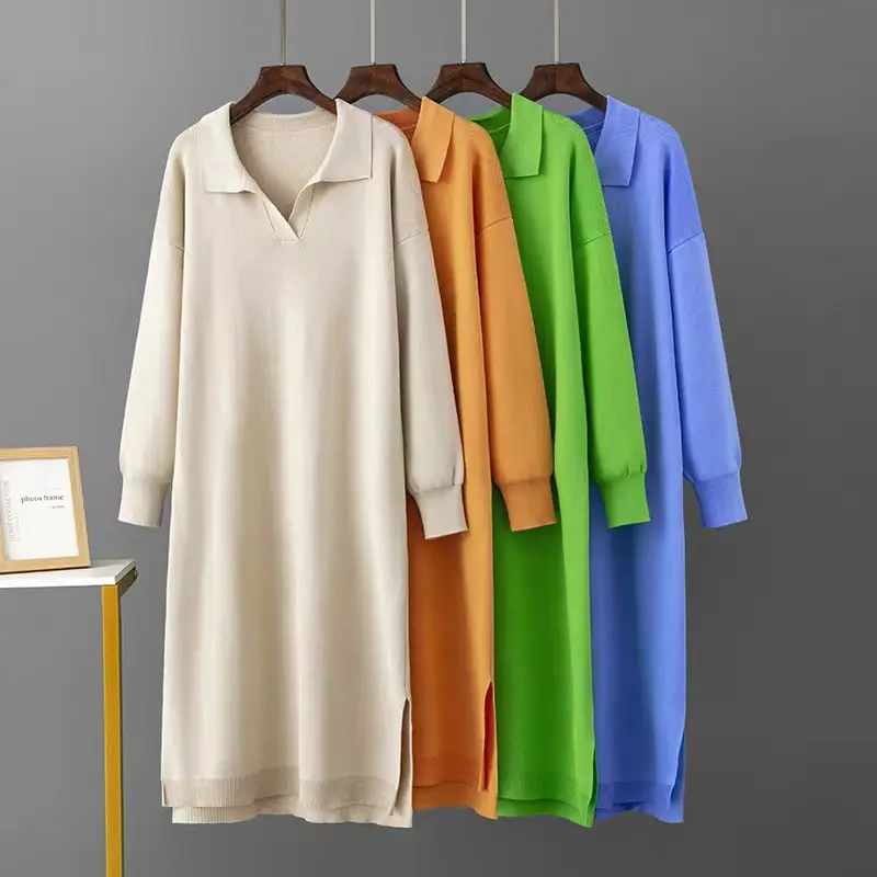 2023 Oversized 100% Cashmere Polo Dress Manga larga Solid Casual Max Dress