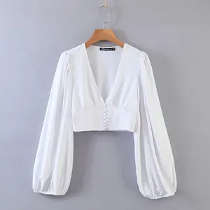 复古设计v领灯笼长袖作物上衣妇女时尚白色上衣