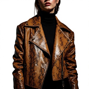 Chaqueta de Motociclista para Mujer, Color Marrón, Piel de Serpiente, Cierre de Cremallera, Cuello Plegable, Manga Larga, Abrigo de Otoño, Fabricación OEM a Medida, Estilo Vintage - Product Image 3