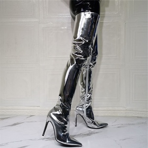 Bottes longues en cuir verni argentées taille 47 extra large pour femmes, bottes hautes au-dessus du genou, talons hauts, chaussures d'hiver - Product Image 2