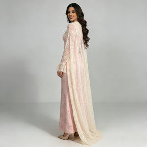 <span class=keywords><strong>Vestidos</strong></span> Elegantes <span class=keywords><strong>de</strong></span> Moda para Mujer en <span class=keywords><strong>Rosa</strong></span> Claro con Bordado Floral, Capa <span class=keywords><strong>de</strong></span> Encaje, Cuello Alto, Manga Larga con Campana, Cola <span class=keywords><strong>de</strong></span> Sirena - Product Image 4