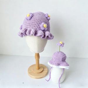 Gorro de bebé de ganchillo, gorro de sol tejido con pompón de flor y borde con volantes para niños, viajes, actividades al aire libre. Se acepta personalización. - Product Image 5