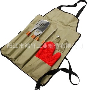Ensemble de 7 ustensiles de barbecue en bois avec tablier et gants pour grillades en plein air - Product Image 1