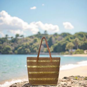 Sac fourre-tout de luxe rayé doré, grande capacité, en paille, pour l'été, les voyages en extérieur et la plage - Product Image 3