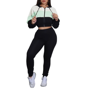 Comfortable Casual Sport With Hooded Colour Block Zipper <b>Top</b> Trousers Women's Two Piece Set Fashion - Product Image 3