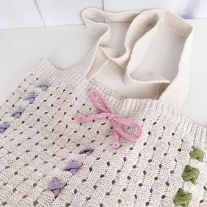 2024 Spring Summer New Ballet Style With Pink Green Blue Cute Bows Design Knitted Crochet Tote Bags For Women