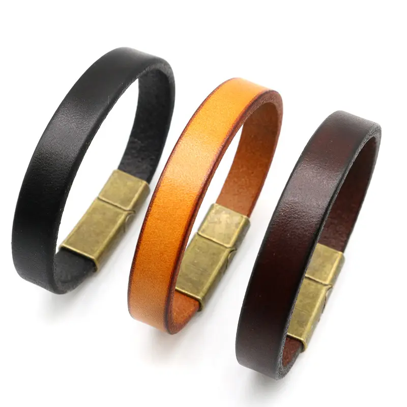 Vente en gros de bracelets simples en cuir véritable bracelet à boucle magnétique en cuir de vachette pour hommes