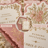 Ensemble d'invitations de mariage vintage rose poudré avec bordure florale dorée, impression personnalisée, kit de papeterie de mariage de luxe avec étiquettes