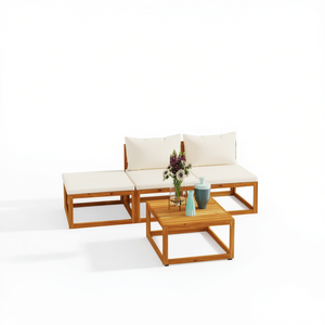 Ensemble de salon de jardin en teck minimaliste, crème et bois naturel, 4 places - Product Image 1