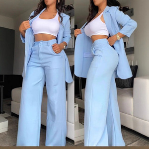 Setelan Dua Potong Wanita Musim Panas 2025 Elegan Warna Solid untuk Pasar Eropa Amerika, <span class=keywords><strong>Blazer</strong></span> Kerah Berlekuk Lengan Berbelah - Product Image 2