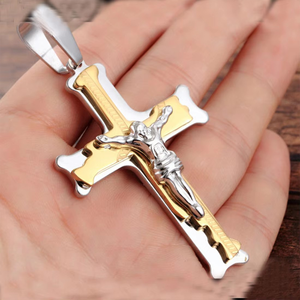 Prix d'usine – Pendentif croix de Jésus en acier inoxydable bicolore 3D avec zircone cubique, bijou tendance pour les personnes religieuses - Product Image 4