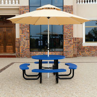 Table de pique-nique en métal perforé ronde commerciale d'extérieur avec banc Table de café en acier de patio de terrain de jeu extérieur avec trou de parapluie